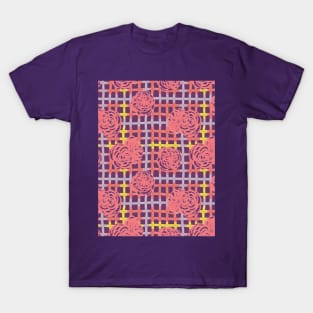 Roses on Plaid Pattern - Purple T-Shirt